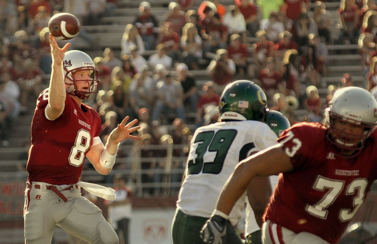 WSU quarterback Marshall Lobbestael fires a pass during first-half action of his first Pac-10 start on Saturday at Martin Stadium in Pullman. (Christopher Anderson / The Spokesman-Review)