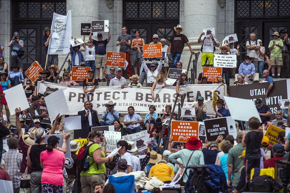 In this May 6, 2017 file photo, hundreds of people gather during the Monumental Rally for Bears Ears and Grand Staircase Monuments at the Utah State Capitol, in Salt Lake City. Conservation groups are airing TV ads, planning rallies and creating parody websites in a last-minute blitz to persuade Interior Secretary Ryan Zinke to refrain from reducing or eliminating large swaths of land across the country that have been designated as national monuments, Tuesday, Aug. 22, 2017. (Chris Detrick / Associated Press)