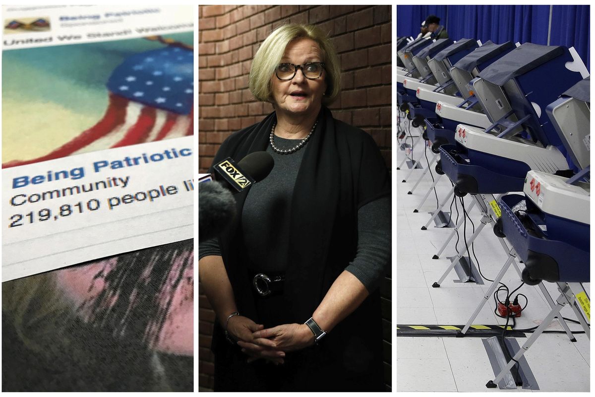 This combination of 2017-2018 photos shows from left, a Facebook posting from a group named “Being Patriotic” attributed to Russian agents by the U.S. House Intelligence Committee, Democratic Sen. Claire McCaskill of Missouri whose campaign was targeted by Russian hackers, and voting machines in Chicago after hackers found a way into the voter registration database at the Illinois State Board of Elections in mid-2016. (Jon Elswick, Jeff Roberson, Kiichiro Sato / Associated Press)
