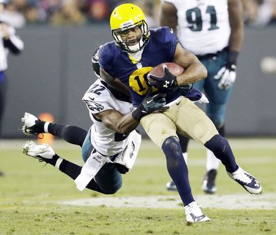 Green Bay’s Randall Cobb had 10 receptions for 129 yards in the Packers’ rout of the Eagles. (Associated Press)