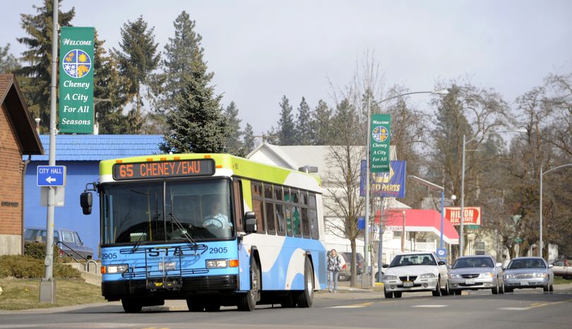 An STA bus travels its route through Cheney, one of the routes that are proposed for restructuring under the  2 percent of cuts coming to Spokane Transit Authority. Currently, two bus routes go to Cheney, and both the routes go to EWU. (Jesse Tinsley)