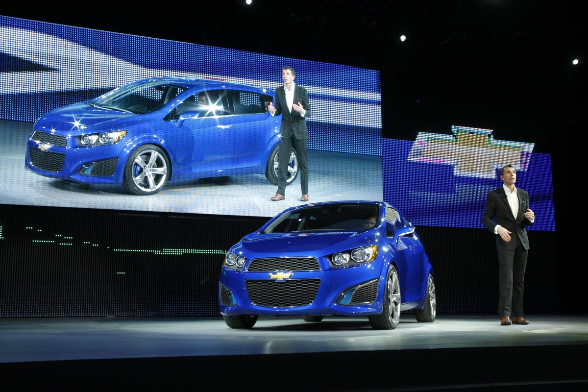 Executive director of Chevrolet design Mike Simcoe introduces the Chevrolet Aveo RS at the North American International Auto Show  in Detroit on Monday. Associated Press photos (Associated Press photos)