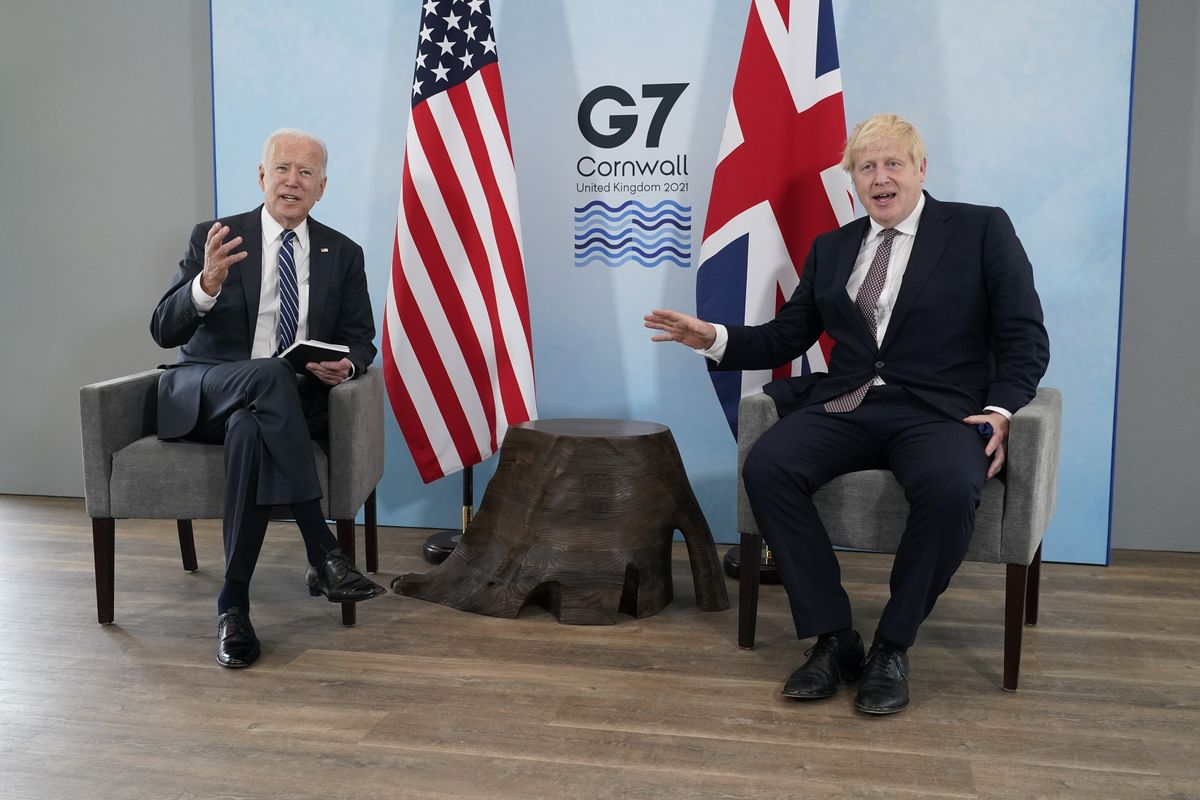 President Joe Biden and British Prime Minister Boris Johnson visit during a bilateral meeting ahead of the G-7 summit, Thursday, June 10, 2021, in Carbis Bay, England.  (Patrick Semansky)