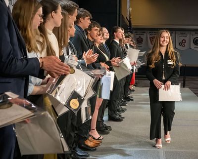 Anna Garriques of The Oaks, accepts the first place $5,000 scholarship in Mathematics during the 34th annual Spokane Scholars Foundation awards, Monday, April 20, 2026, at the Spokane Convention Center.  (COLIN MULVANY/THE SPOKESMAN-REVIEW)