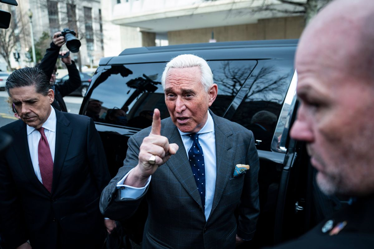 Roger Stone departs the Thomas P. O’Neill Jr. federal building in Washington after speaking at a Dec. 17 deposition with the House committee investigating the Capitol riot. MUST CREDIT: Washington Post photo by Jabin Botsford.  (Jabin Botsford/The Washington Post)
