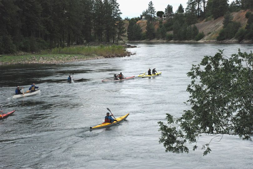 Nick and Deb Bauer, closely followed by Alison Scott and Jim Bauer, lead the pack down the Spokane River.  One canoe capsized in a strong eddy current just around the corner. (Rich Landers / The Spokesman-Review)