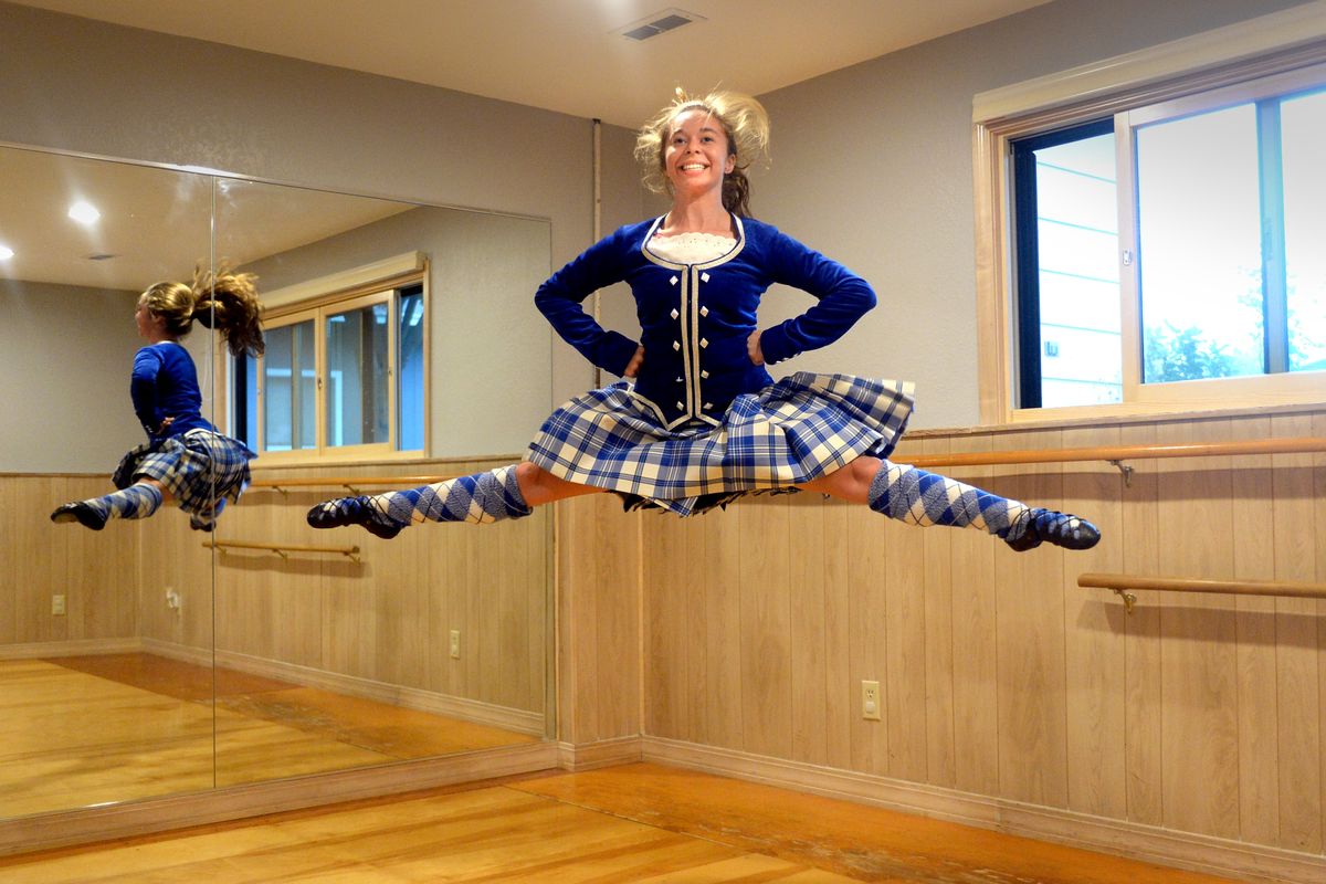 Megan Palmer demonstrates her leaps in her dance studio Tuesday in Spokane Valley. The avid Highland dancer traveled to Scotland and placed third at the World Highland Dancing Championships. (Jesse Tinsley)