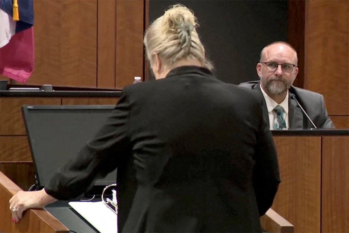 Chris Bagley, who at the time was an officer with the university’s police force on duty the day of the killing of Charlie Kirk, answers questions Monday from defense lawyer Kathryn Nester during a preliminary court hearing for Tyler Robinson, the man accused of killing conservative activist Charlie Kirk, in Provo, Utah.  (Utah Courts and KSL TV)