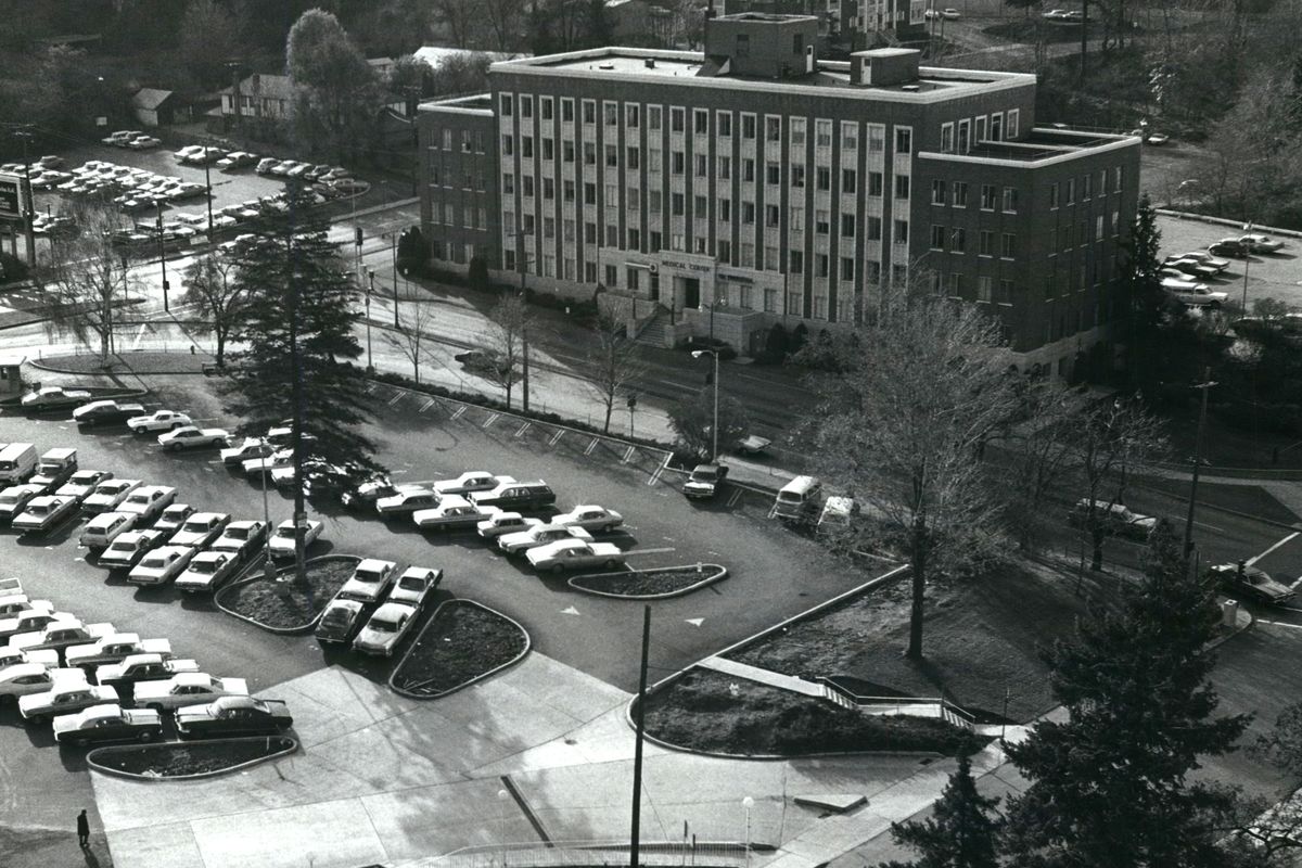 1972: The Medical Center Building at 9th Avenue and McClellan Street is across the street from the Sacred Heart Hospital surface parking lot, which disappeared in the expansion of the Sacred Heart Doctor’s Building in the 1990s. The building, also called the Southside Medical Center Building, has been an important location for medical and dental offices near Sacred Heart. It recently was renamed the Providence McClellan Health Center.  (Cowles Publishing)