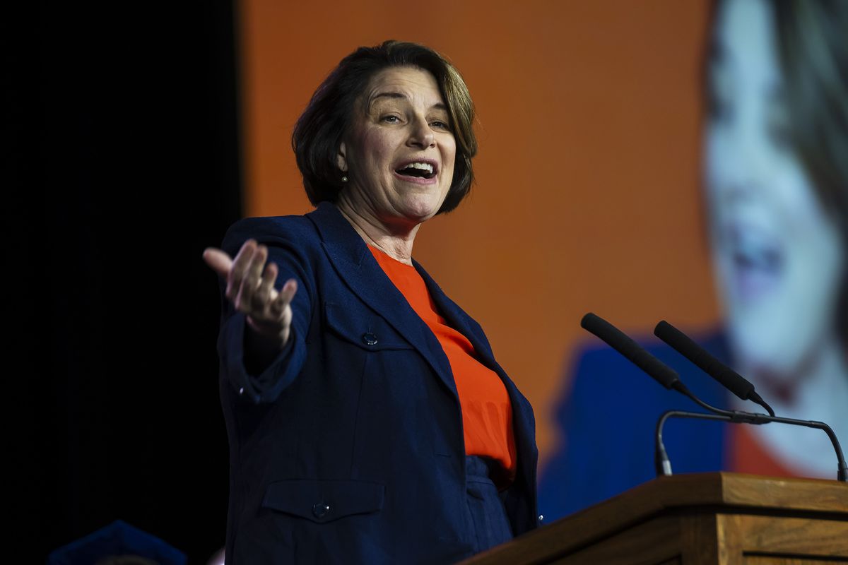 U.S. Sen. Amy Klobuchar gives remarks during Macalester College
