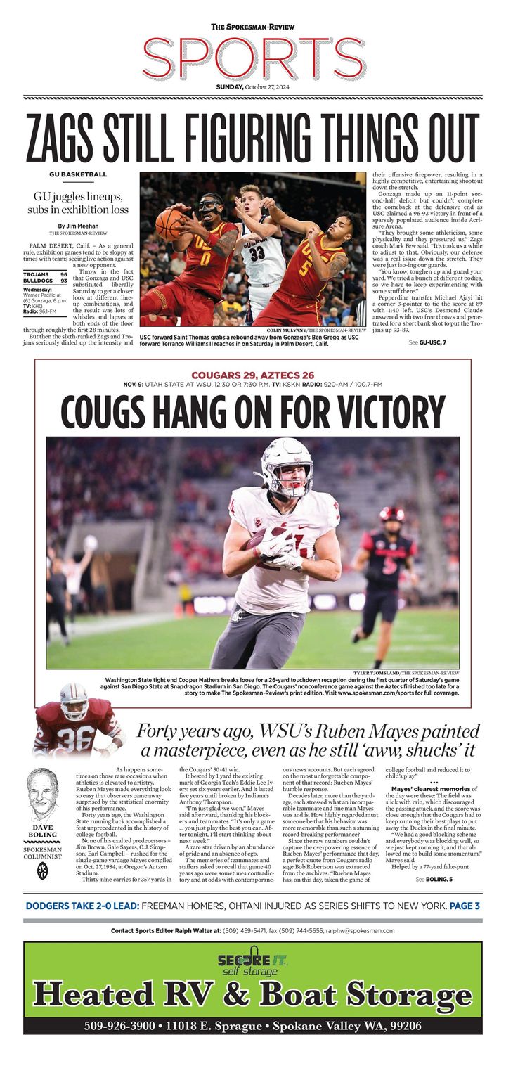 Sports Front Page for Oct. 27, 2024 The SpokesmanReview