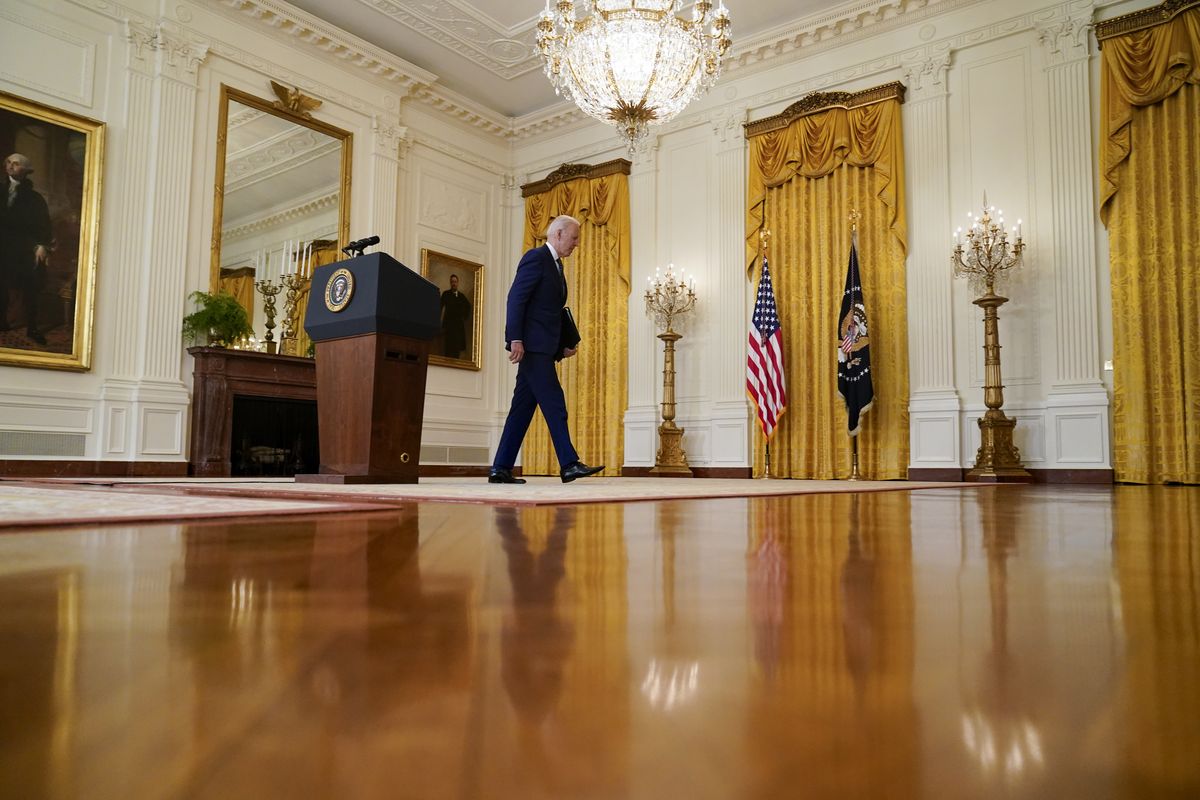President Joe Biden leaves after speaking about Russia in the East Room of the White House, Thursday, April 15, 2021, in Washington. (Andrew Harnik)