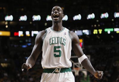Boston’s Kevin Garnett gets fired up prior to the Celtics’ rout of Dallas. (Associated Press / The Spokesman-Review)