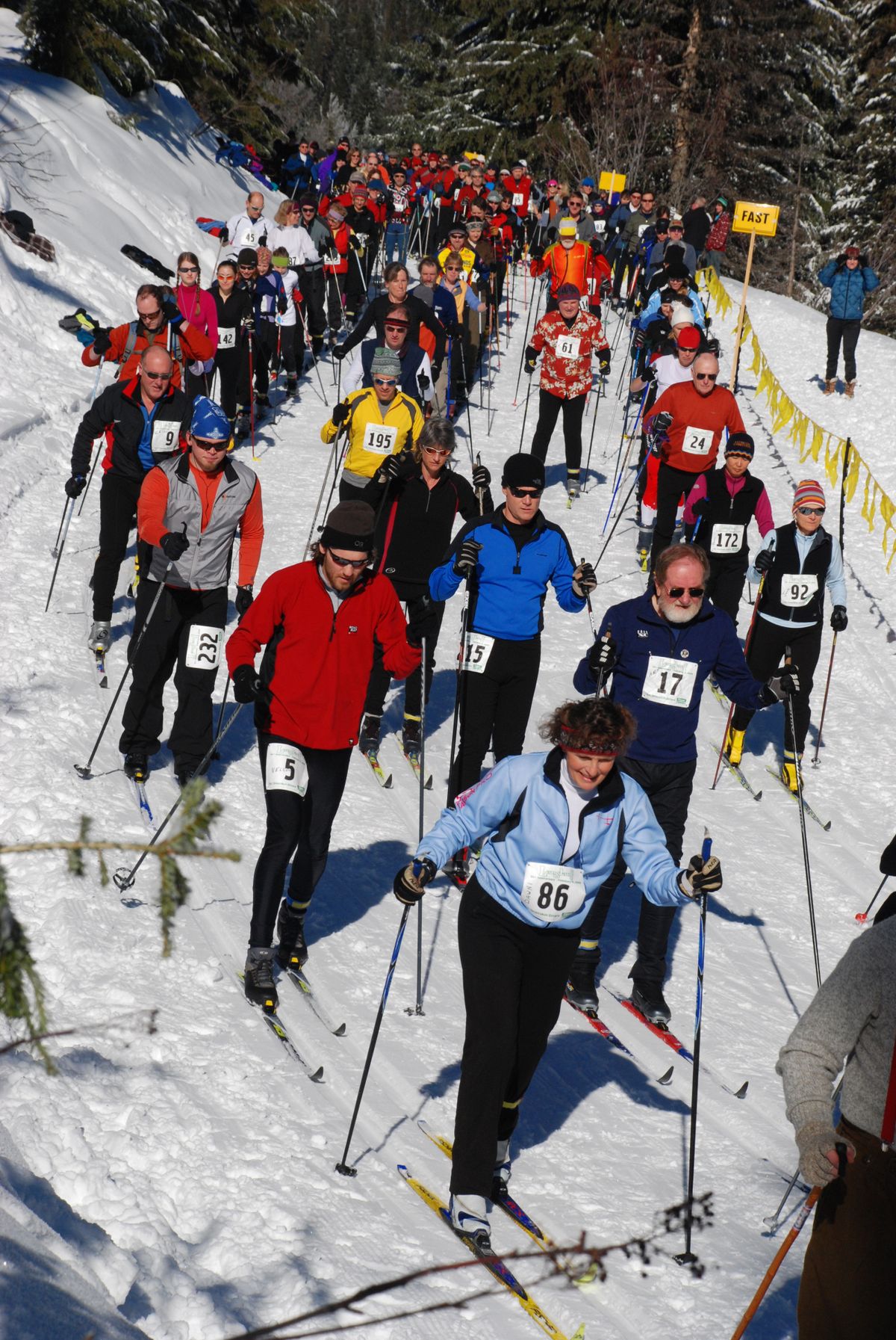 More than 220 skiers take off at the start of the Langlauf 10-kilometer cross-country ski race at Mount Spokane.  (Rich Landers / The Spokesman-Review)