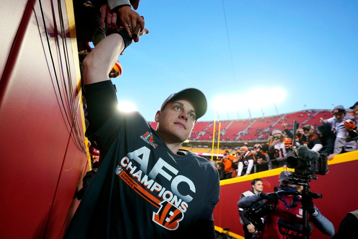 Cincinnati quarterback Joe Burrow celebrates after the AFC championship against Kansas City on Jan. 30 in Kansas City, Mo.  (Paul Sancya)