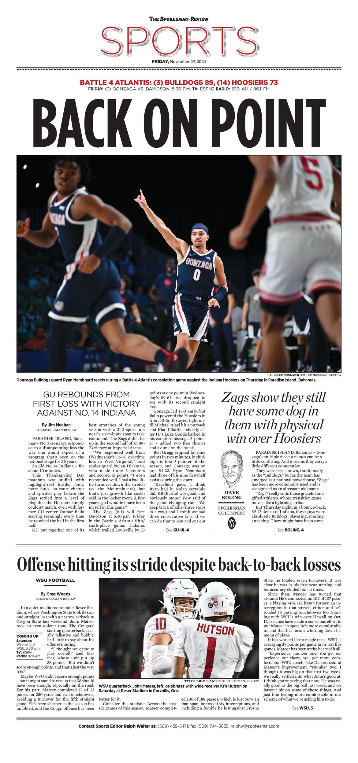 Sports Front Page for Nov. 29, 2024 The SpokesmanReview