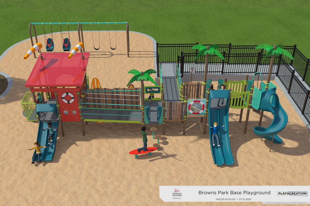 Vandalism at Browns Park in Spokane Valley over the summer included damage to one of the park’s splash pad palm trees, like seen here in a rendering of the recently finished playground.  (Courtesy)