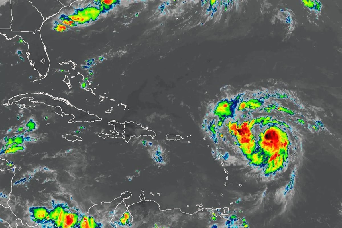 This infrared satellite image shows newly formed Hurricane Erin in the Atlantic on Friday morning, Aug. 15, 2025. (NOAA/GOES-East)  (Handout/NOAA/TNS)