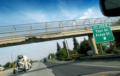 A pedestrian bridge over Interstate 90 near Regal Street has reopened. (Brian Plonka / The Spokesman-Review)
