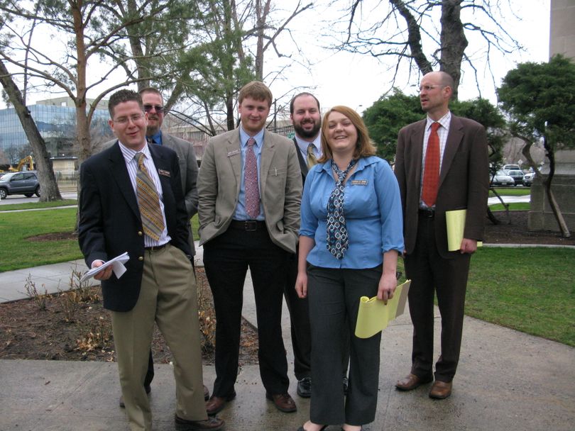 Idaho's capitol press corps dons ugly ties when the session's gone on too long, in hopes that lawmakers will be so disgusted by the hideous neckwear that they'll want to end their session and leave town. It's that time - the ties are out. (Betsy Russell / The Spokesman-Review)