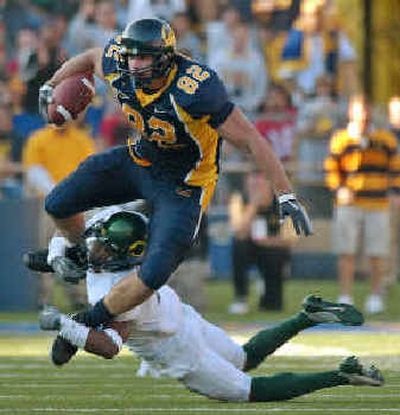 
California tight end Craig Stevens is brought down in the fourth quarter of Saturday's game won by the Bears.
 (Associated Press / The Spokesman-Review)