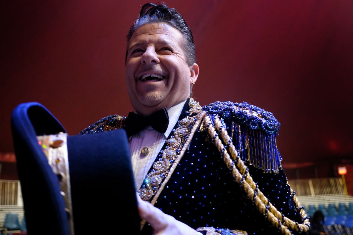 Joseph Bauer, ringmaster of The El Katif Shrine Circus, smiles on Thursday under the Tarzan Zerbini Circus tent at the Spokane Valley Mall.  (Tyler Tjomsland/The Spokesman-Review)