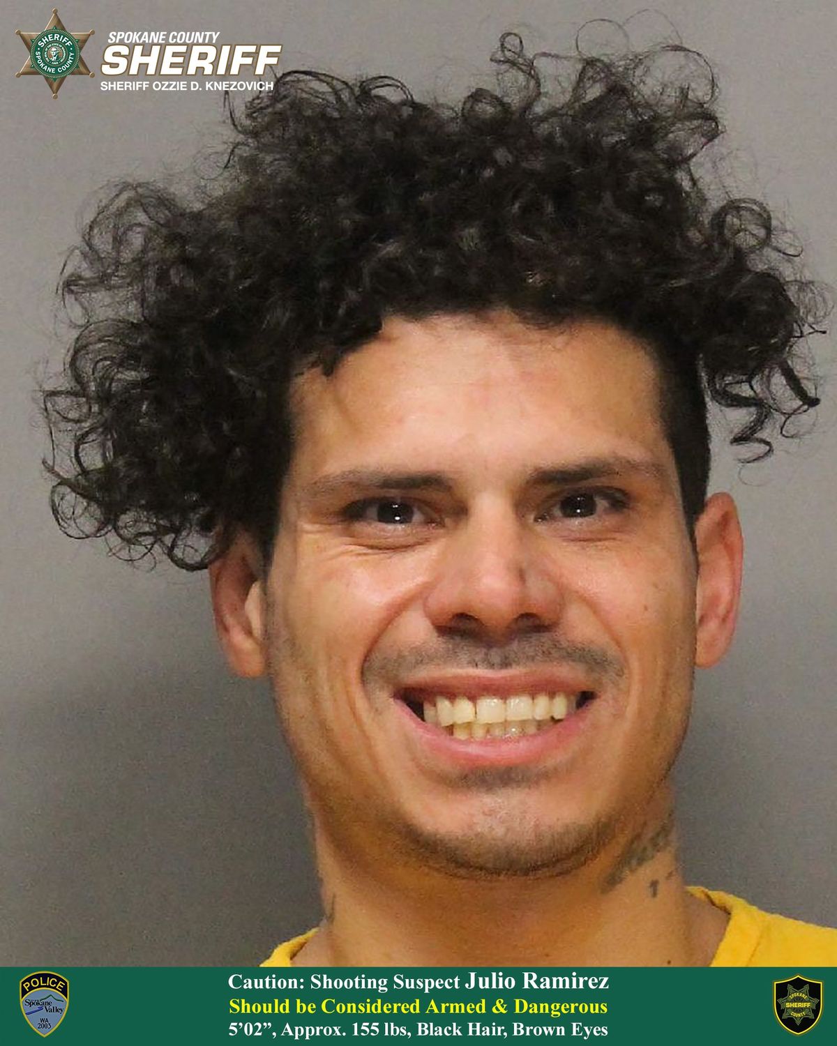 Julio Ramirez, 33, was arrested on Monday, March 7, 2022, after he was accused of firing at his former roommates in Spokane Valley. No one was injured in the incident.  (Courtesy of the Spokane County Sheriff