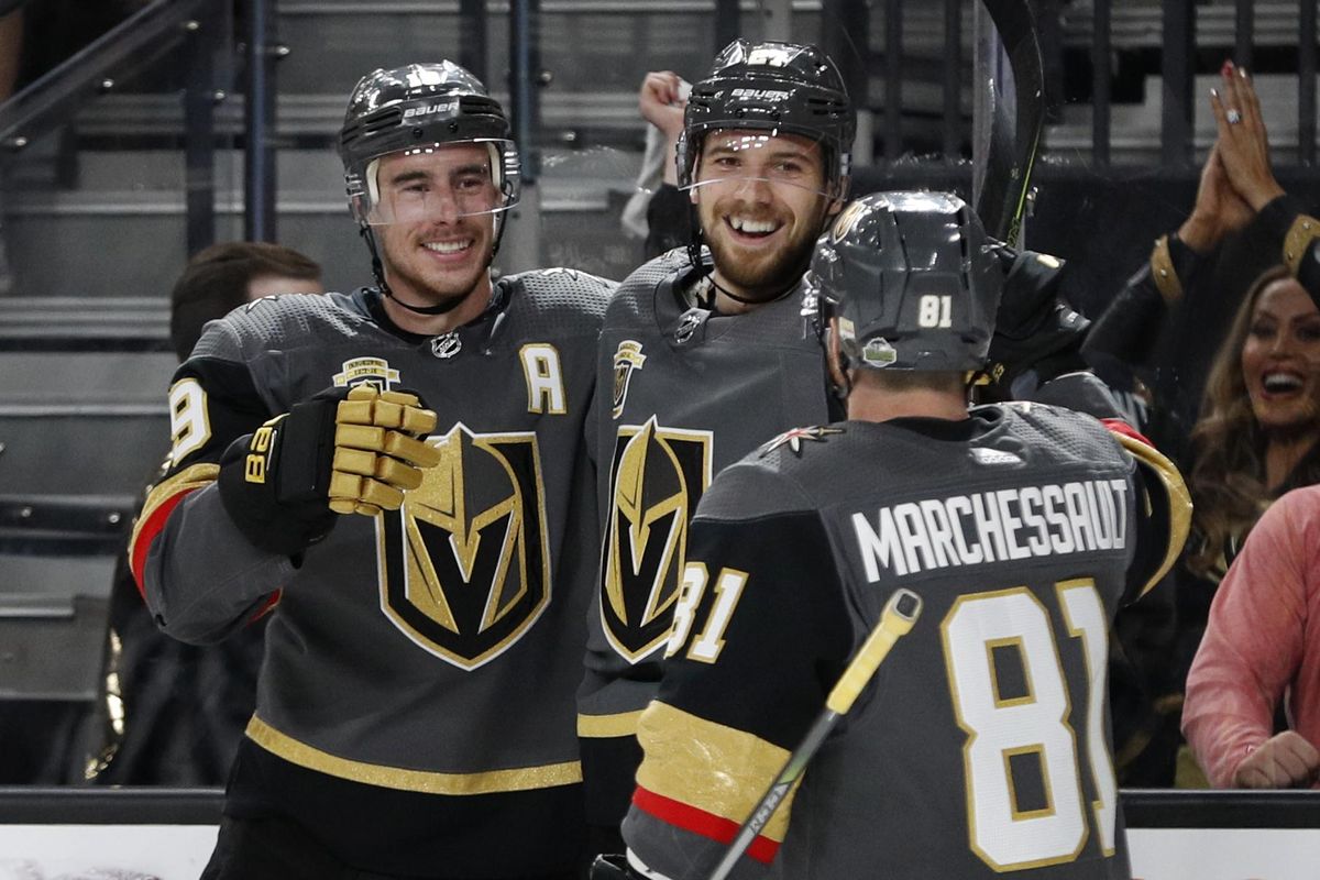 Vegas Golden Knights defenseman Shea Theodore, center, celebrates after scoring against the San Jose Sharks during the second period of Game 1 of an NHL hockey second-round playoff series, Thursday, April 26, 2018, in Las Vegas. (John Locher / Associated Press)