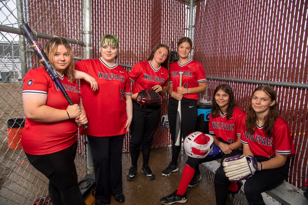 Three sets of sisters play on the North Central slowpitch softball team. From left are Harmoni Rosehill and Arayah Rosehill, Zoe Nowaski and Abigail Nowaski, Isabella Lowman and Aubrie Lowman.  (Jesse Tinsley/THE SPOKESMAN-REVIEW)
