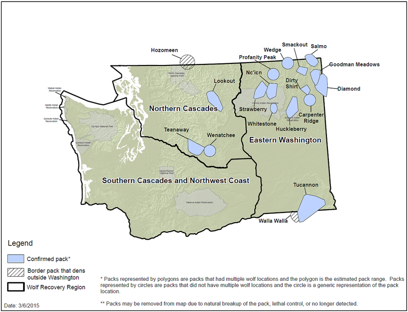 Washington's confirmed wolf packs increased from 13 at the end of 2013 to 16 at the end of 2014 as indicated in this map released by the Washington Department of Fish and Wildlife on March 6, 2015. (Washington Department of Fish and Wildlife)