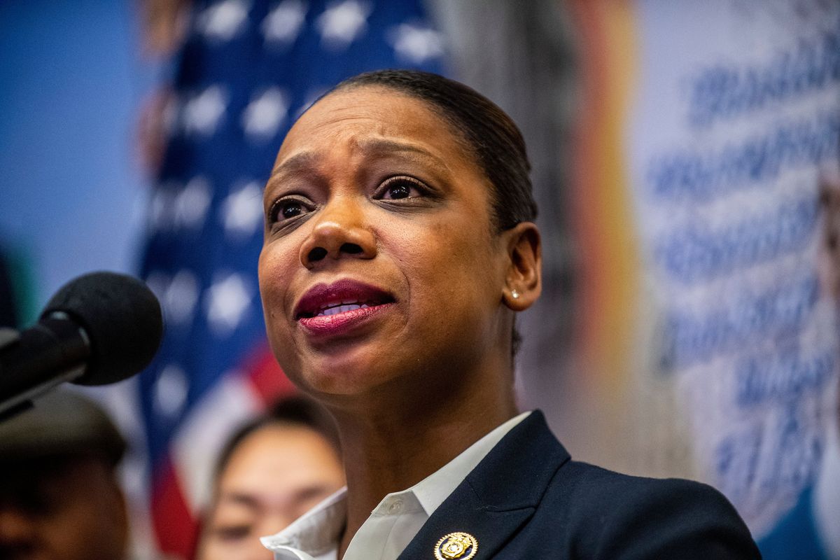 Keechant Sewell speaks to the media at the Queensbridge houses in Long Island City, in the Queens borough of New York on Wednesday, Dec. 15, 2021. New York City Mayor-elect Eric Adams named Sewell, a Long Island police official, as the city