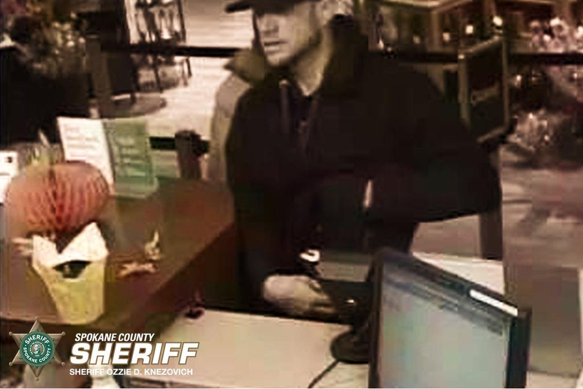 The Spokane County Sheriff’s Office is looking for a man accused of a silent holdup at the Wells Fargo Bank inside the Safeway store at 14020 E. Sprague Ave. in Spokane Valley. (Spokane County Sheriff’s Office / Photos Courtesy Spokane County Sheriff’s Office)