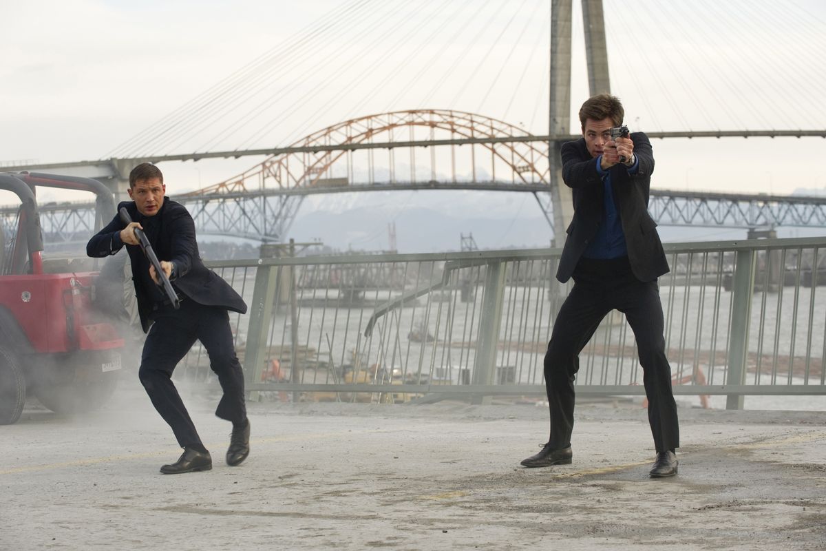 Tom Hardy, left, and Chris Pine are shown in a scene from “This Means War.”