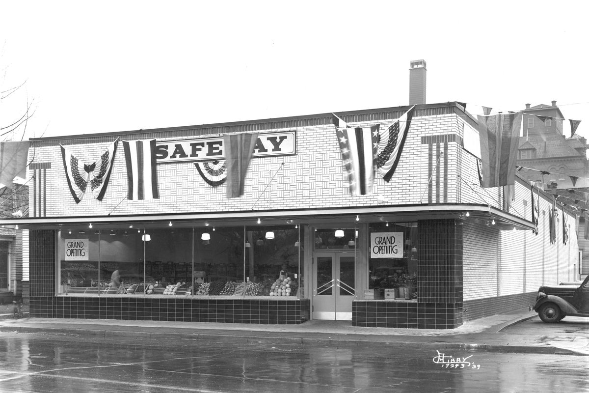 1939: A modest new Safeway store opens at Third Avenue and Cedar Street in downtown Spokane. The one-story building was a typical store of the era, though the Safeway built in 1930 near Division Street and Garland Avenue was much larger. This Safeway was closed in the mid-1950s as grocery stores trended toward larger stores with mid-century modern architecture. The building became a state liquor store until 1976, when it became a Chinese restaurant called Ding How, Chan’s Dragon Inn and the Red Dragon.  (The Spokesman-Review photo archive)