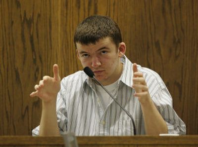 
Evan Savoie takes the stand in his own defense in Grant County Superior Court on  Wednesday. 
 (Associated Press / The Spokesman-Review)
