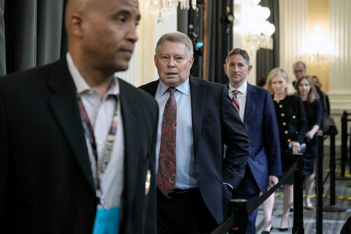 J. Michael Luttig, second from left, former U.S. Court of Appeals judge for Fourth Circuit, and Greg Jacob, former counsel to Vice President Mike Pence, arrive to testify before the House Select Committee to Investigate the January 6th Attack on the U.S. Capitol in the Cannon House Office Building on June 16, 2022, in Washington, D.C. (Drew Angerer/Getty Images/TNS) (Drew Angerer/Getty Images North America/TNS)