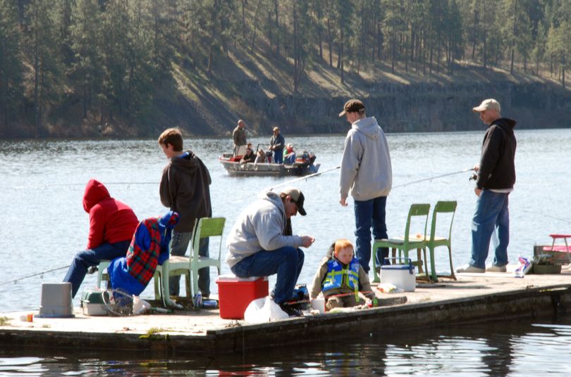 Fishtrap Lake resort docks are always busy on opening day of Washington's lowland lake fishing season. (Rich Landers)