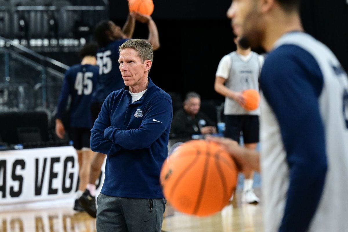 Gonzaga Bulldogs head coach Mark Few watches his team during a practice on Wednesday, March 22, 2023, before the Gonzaga Bulldogs’ NCAA Tournament Sweet Sixteen matchup against the UCLA Bruins, Thursday, at T-Mobile Arena in Las Vegas, Nev.  (Tyler Tjomsland/The Spokesman-Review)