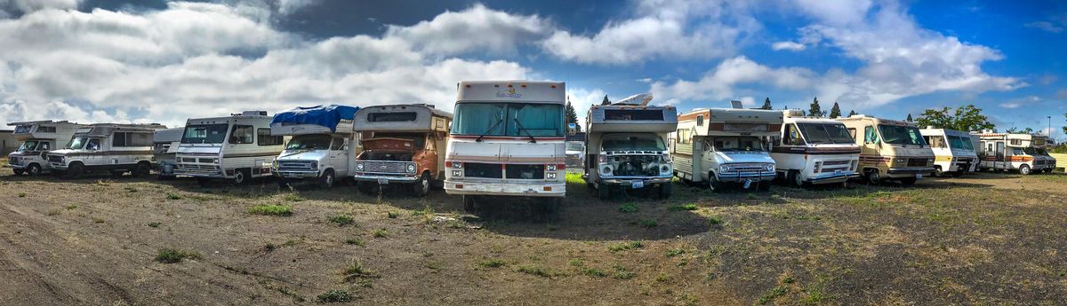 Impounded RVs form a long line at Evergreen State Towing, Tuesday, Sept. 10, 2019, in north Spokane. (Dan Pelle / The Spokesman-Review)
