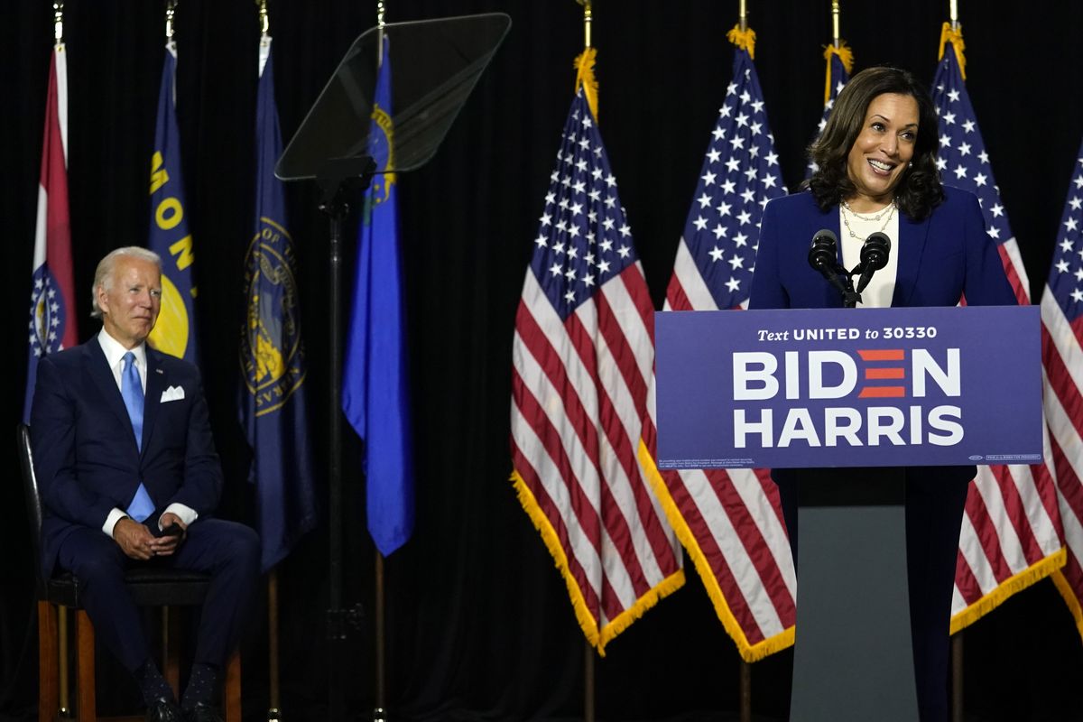 Sen. Kamala Harris, D-Calif., speaks after Democratic presidential candidate former Vice President Joe Biden introduced her as his running mate during a campaign event at Alexis Dupont High School in Wilmington, Del., Wednesday, Aug. 12, 2020.  (Carolyn Kaster)