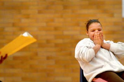 
Student playwright Karmen Flemming watches actors ham up the humor in her one-act play at Lakeside Middle School in Plummer on Wednesday. 
 (Photos by JESSE TINSLEY / The Spokesman-Review)
