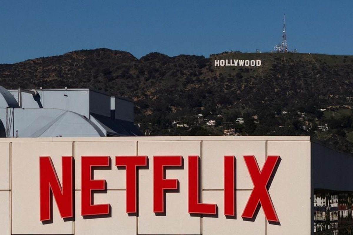 A drone view shows the Netflix logo on one of its buildings on Dec. 8 in the Hollywood neighborhood of Los Angeles.  (Reuters)