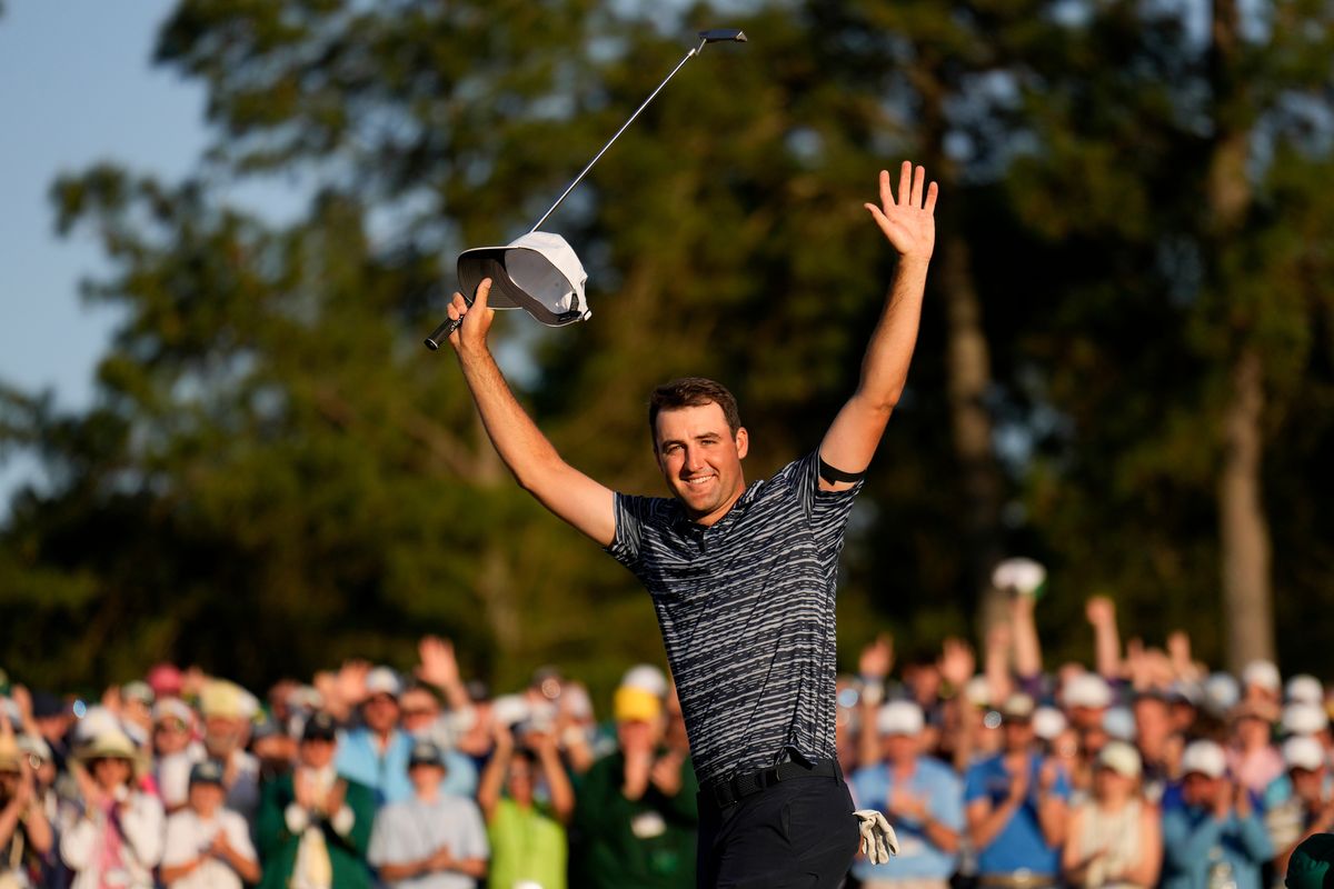 Scottie Scheffler celebrates after winning the 86th Masters golf tournament on Sunday, April 10, 2022, in Augusta, Ga.  (Associated Press)