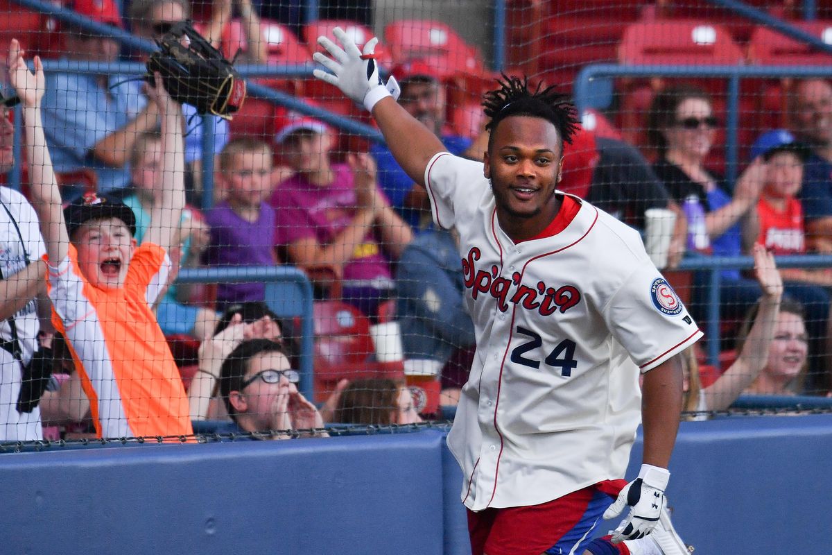 Spokane Indians first base Maxwell Morales reacts after he hit a bonus ball during the first round of the Fan Fest home run derby on Wednesday at Avista Stadium. Morales went on to win the derby. (Tyler Tjomsland / The Spokesman-Review)