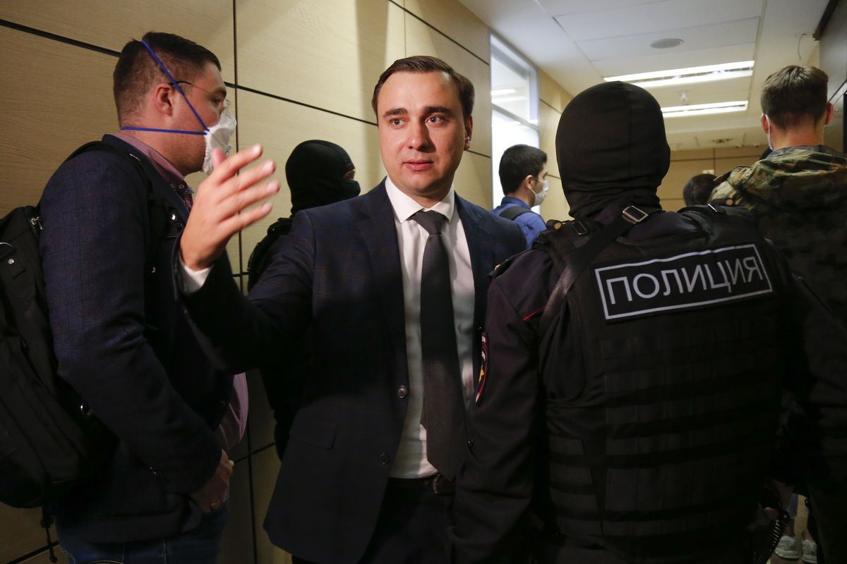FILE- In this file photo taken on Friday, July 17, 2020, Russian opposition leader Ivan Zhdanov speaks to the media as police raids the offices of Alexei Navalny