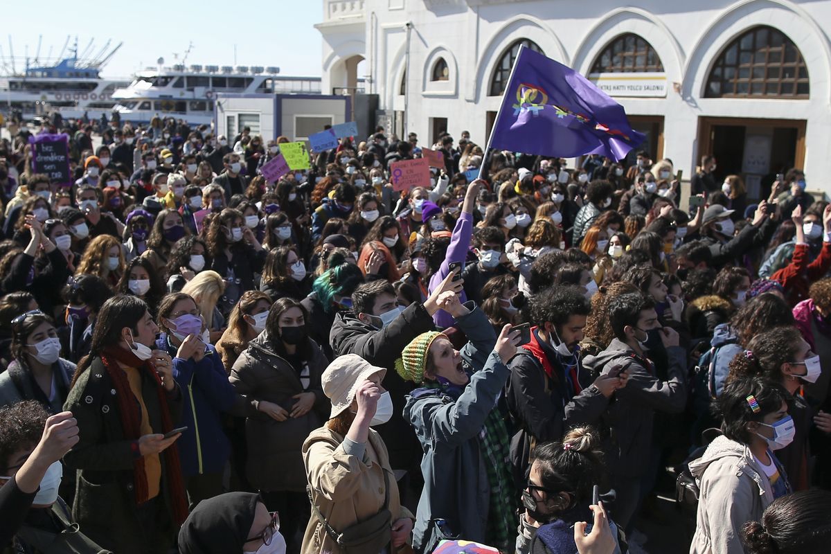 Protesters chant slogans during a demonstration in Istanbul, Saturday, March 27, 2021 against Turkey