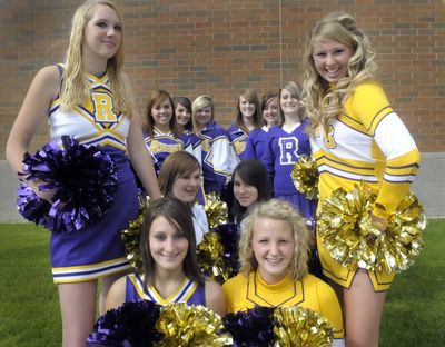 The Rogers High School cheerleading squad has a complete set of new uniforms. Each girl in the 14-member squad will have six sets of uniforms and different color uniforms  donated by Rogers alums Donna and Rich Naccarato. Showing off the new gear are: kneeling in front, from left, Charisse Myers and Brittney Belote. Kneeling center, from left, are Kassy Waggy and Rosa Dorsal. Standing, from left  are Khrystal Putman, Emma Langman, Shelby Leckie, Kaysha Lybecker, Angela Harrison, Kathie Ross, Kaylee Raymond and Devann Burney.  (CHRISTOPHER ANDERSON / The Spokesman-Review)