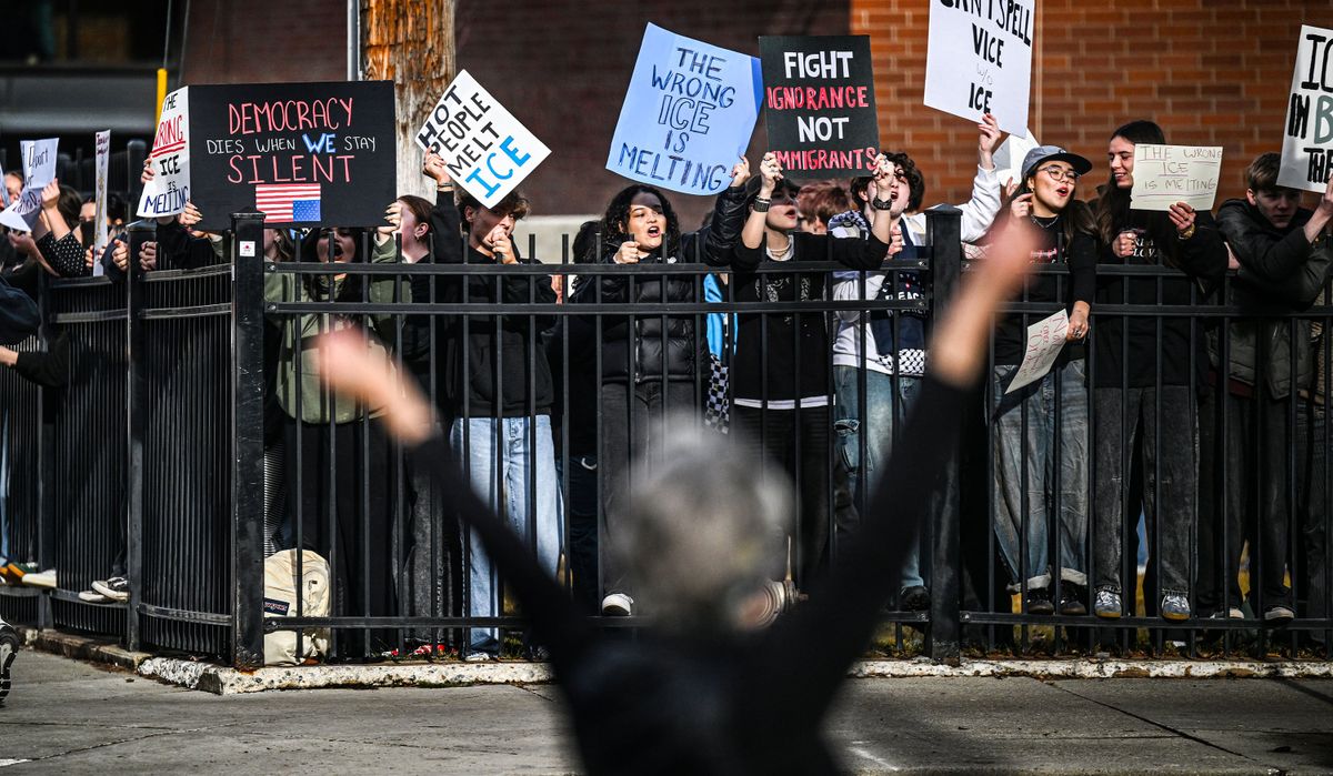 Students at Lewis and Clark High School walked out of class Tuesday to protest Immigrations and Customs Enforcement.  (Kathy Plonka/The Spokesman-Review)