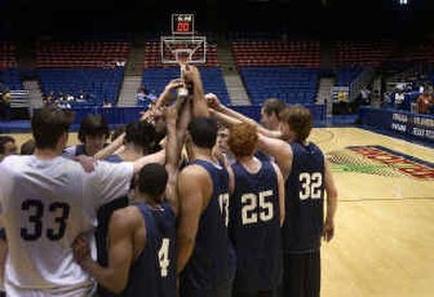
The Gonzaga University Bulldogs huddle after Wednesday's practice in preparation for today's first-round game of the NCAA Tournament against Winthrop. 
 (Brian Plonka / The Spokesman-Review)