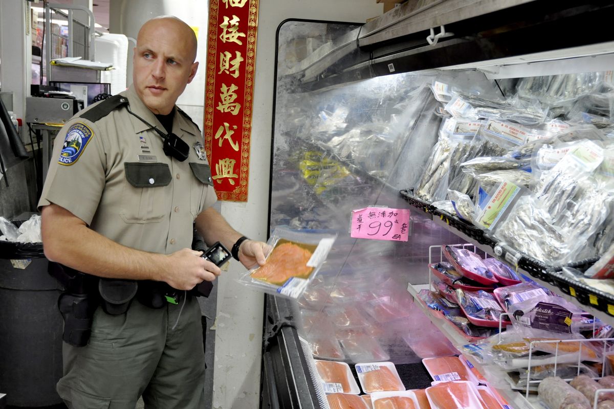 Erik Olson, 37, a Fish and Wildlife officer for Washington state based in Seattle, checks fish in a refrigeration compartment at the Seattle Super Market, where he found several violations for labeling and record keeping and issued a citation to the owner. (Jim Camden)